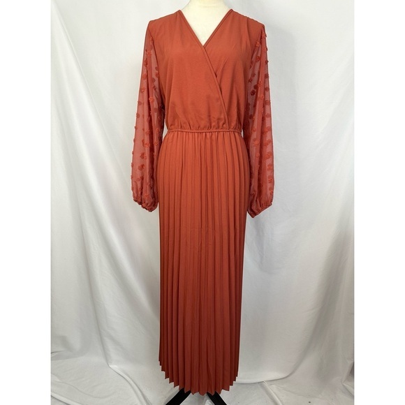 Women’s Maxi Dress Pleated Puff‎ Long Sleeve Rust Colored Plus Size 2XL - Picture 1 of 13